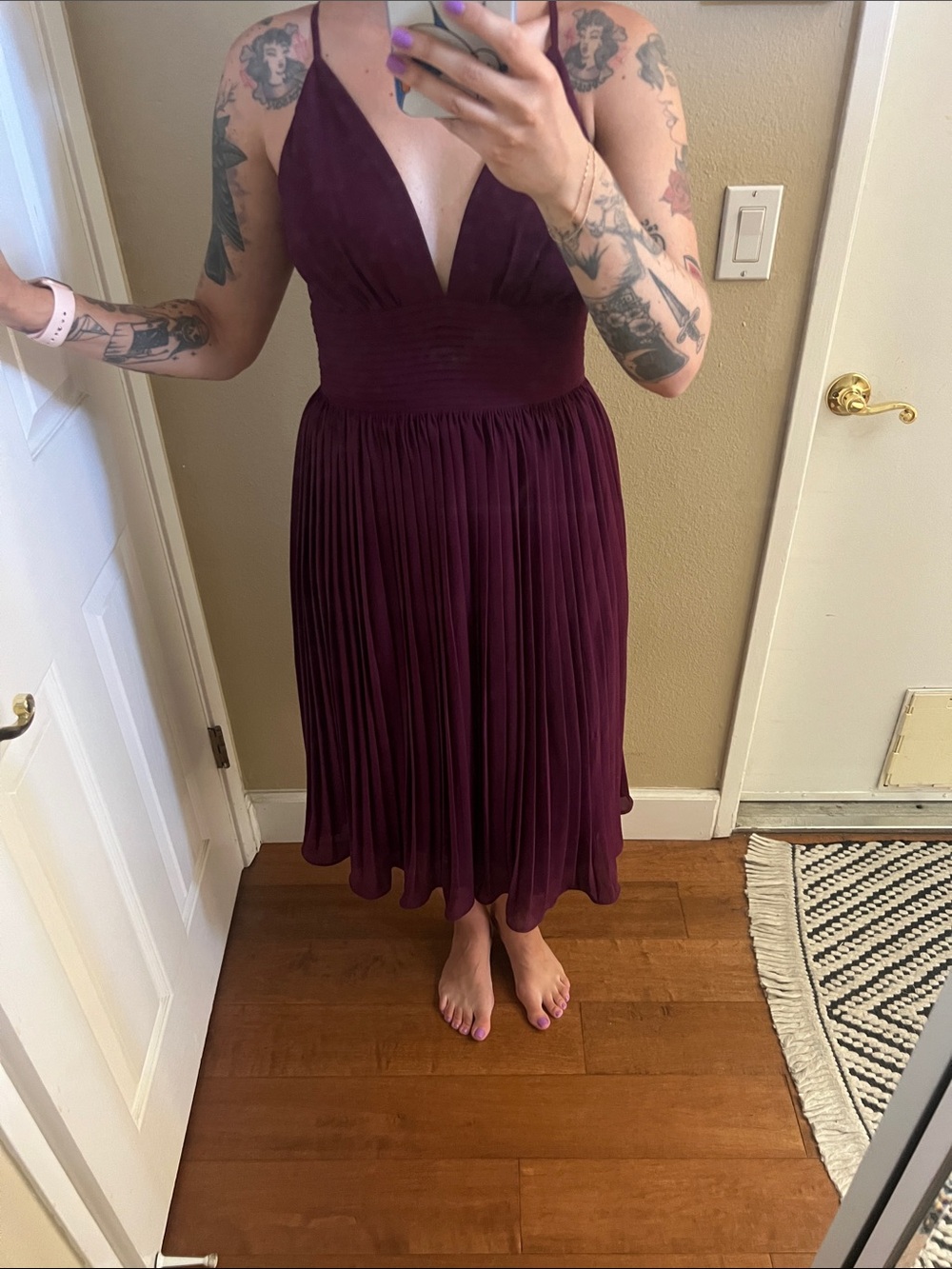Lulu's Burgundy Plunge Neck Pleated Midi Dress